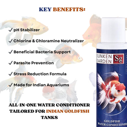 Sunken Garden Goldfish Water Conditioner | pH Stabilizer + Dechlorinator + Parasite Prevention | Made for Indian Tap Water (100 ml)