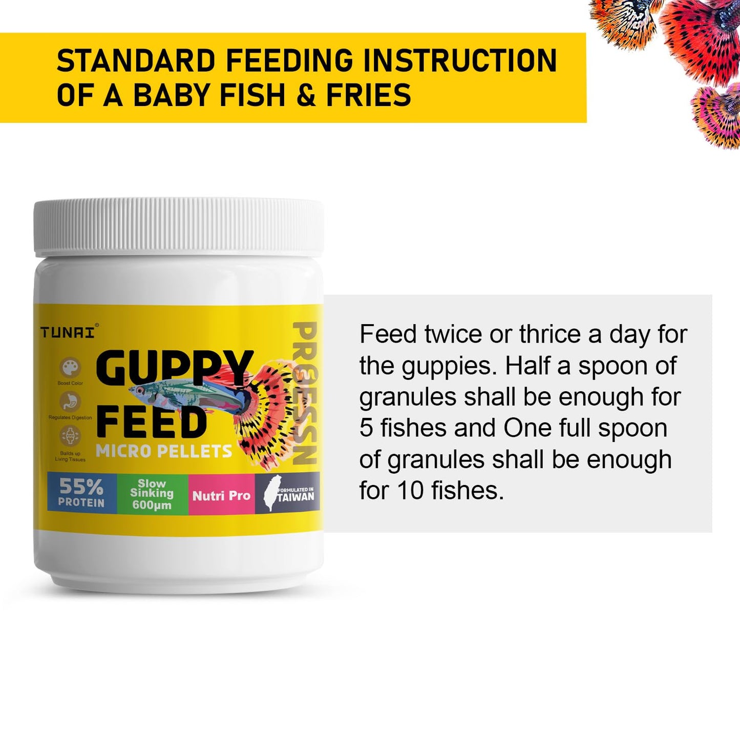 Tunai Guppy Fish Food with 55% Protein| 40g |600 Microns - Floating Micro Pellets| Guaranteed Tail Color Enhancement for Guppies, Taiwan Formula