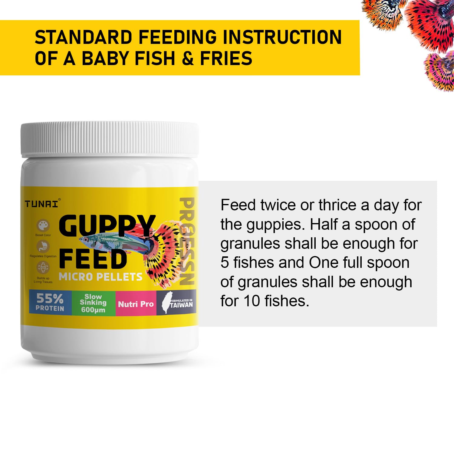 Tunai Guppy Fish Food with 55% Protein| 40g |600 Microns - Floating Micro Pellets| Guaranteed Tail Color Enhancement for Guppies, Taiwan Formula