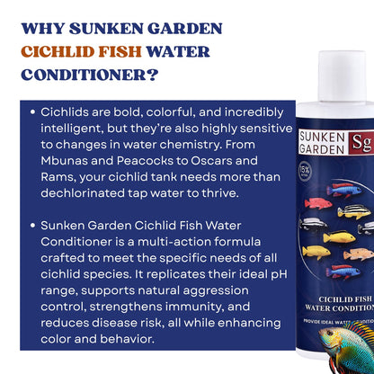 Sunken Garden Cichlid Fish Water Conditioner | Color, Clarity & Control for Your Cichlid Tank | Balanced Water Care for African, South American & Mixed Cichlid Fishes (200 ml + 30 ml)