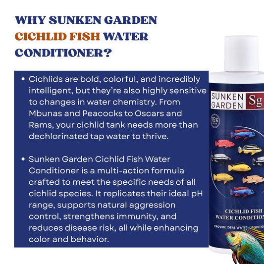 Sunken Garden Cichlid Fish Water Conditioner | Color, Clarity & Control for Your Cichlid Tank | Balanced Water Care for African, South American & Mixed Cichlid Fishes (200 ml + 30 ml)