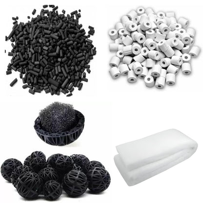 Tunai Bio Filtration 4 in 1 Aquarium Fish Tank Starter Kit Comes with Sponge, Activated Carbon - 500g, Ceramic Media Rings - 500g & Bio Balls - 25 Pcs, Suitable for All Aquarium Canister Filter
