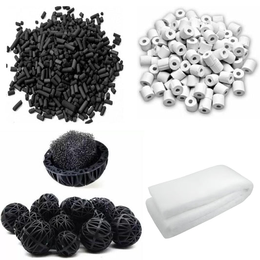 Tunai Bio Filtration 4 in 1 Aquarium Fish Tank Starter Kit Comes with Sponge, Activated Carbon - 500g, Ceramic Media Rings - 500g & Bio Balls - 25 Pcs, Suitable for All Aquarium Canister Filter