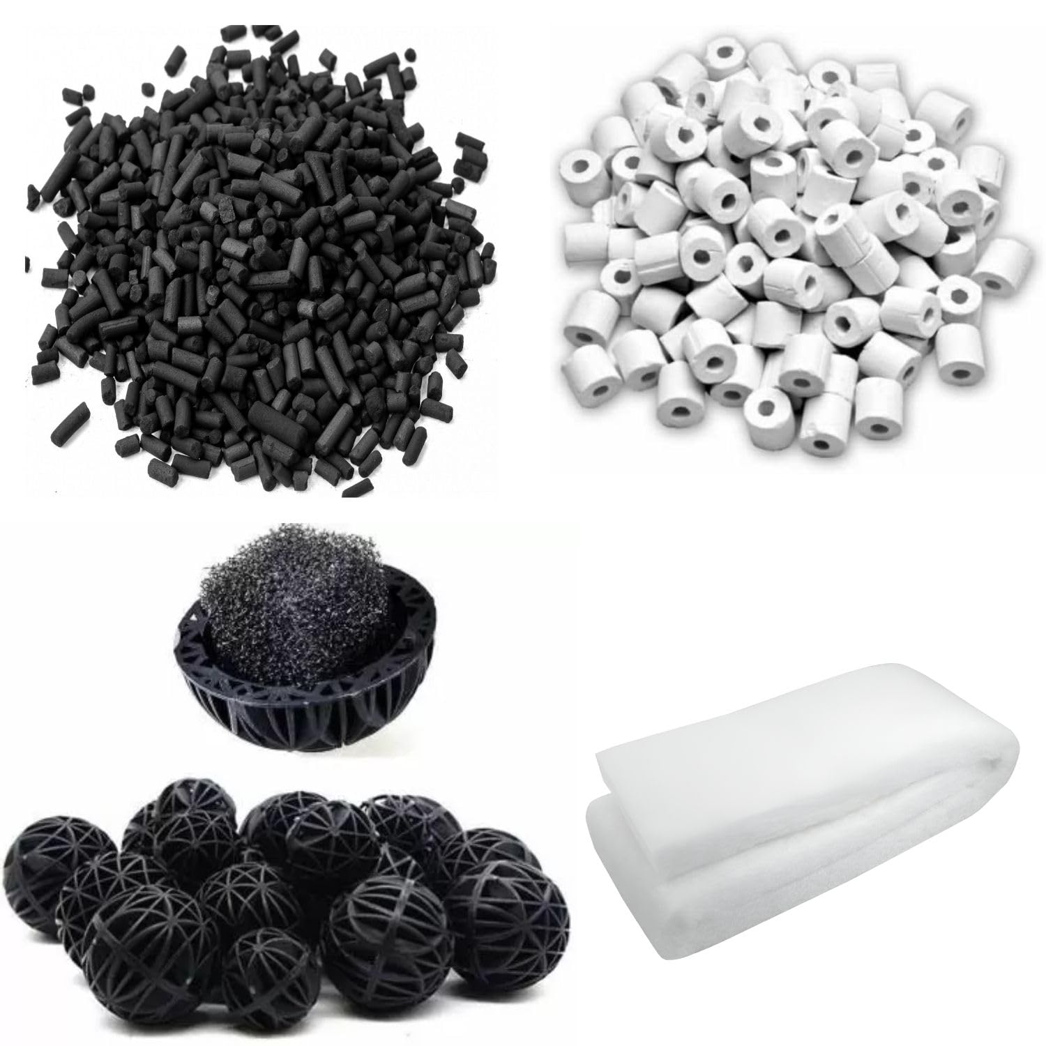 Tunai Bio Filtration 4 in 1 Aquarium Fish Tank Starter Kit Comes with Sponge 1 Piece, Activated Carbon - 250g, Ceramic Media Rings - 250g and Bio Balls - 11 Pcs