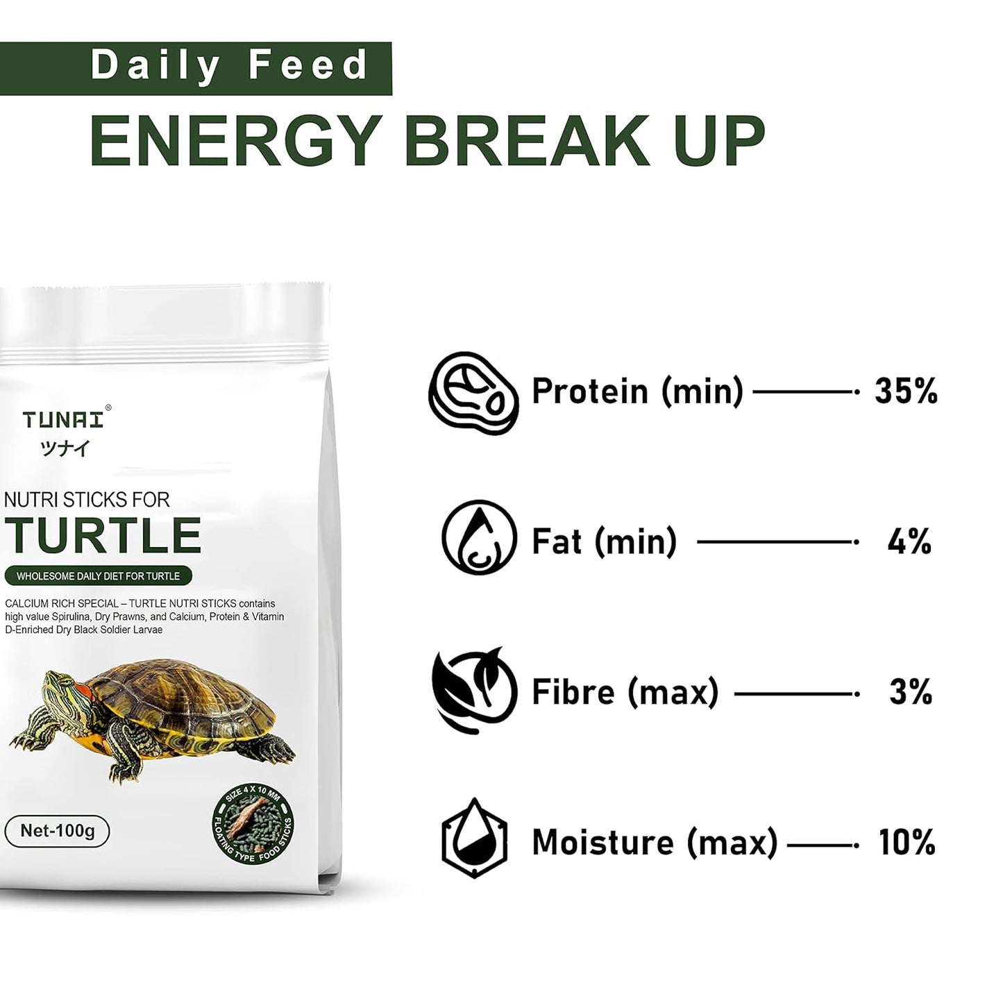 TUNAI 3In1 Adult Turtle Food & Tortoise Food Spirulina Added for Better Shell Health|100G| Contains Nutritious Pellets, Whole Shrimp and Bsfl Insect Larvae, 1 Count