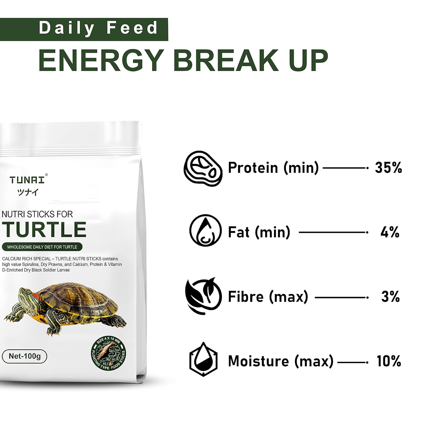 TUNAI 3In1 Adult Turtle Food & Tortoise Food Spirulina Added for Better Shell Health|100G| Contains Nutritious Pellets, Whole Shrimp and Bsfl Insect Larvae, 1 Count