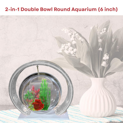 Double Bowl 6-inch White Round Fish Bowl – Standing & Hanging Decorative Aquarium for Home & Office | 2-in-1 Double Bowl Round Fish Tank
