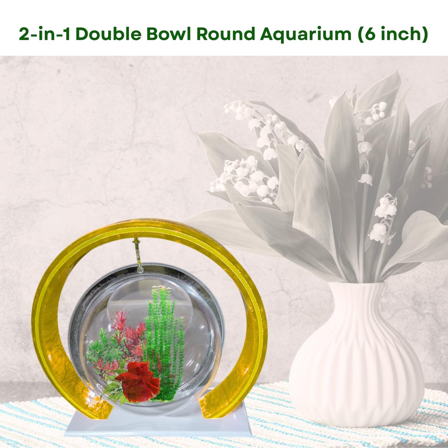 Double Bowl 6-inch Yellow Round Fish Bowl – Standing & Hanging Decorative Aquarium for Home & Office | 2-in-1 Double Bowl Round Fish Tank
