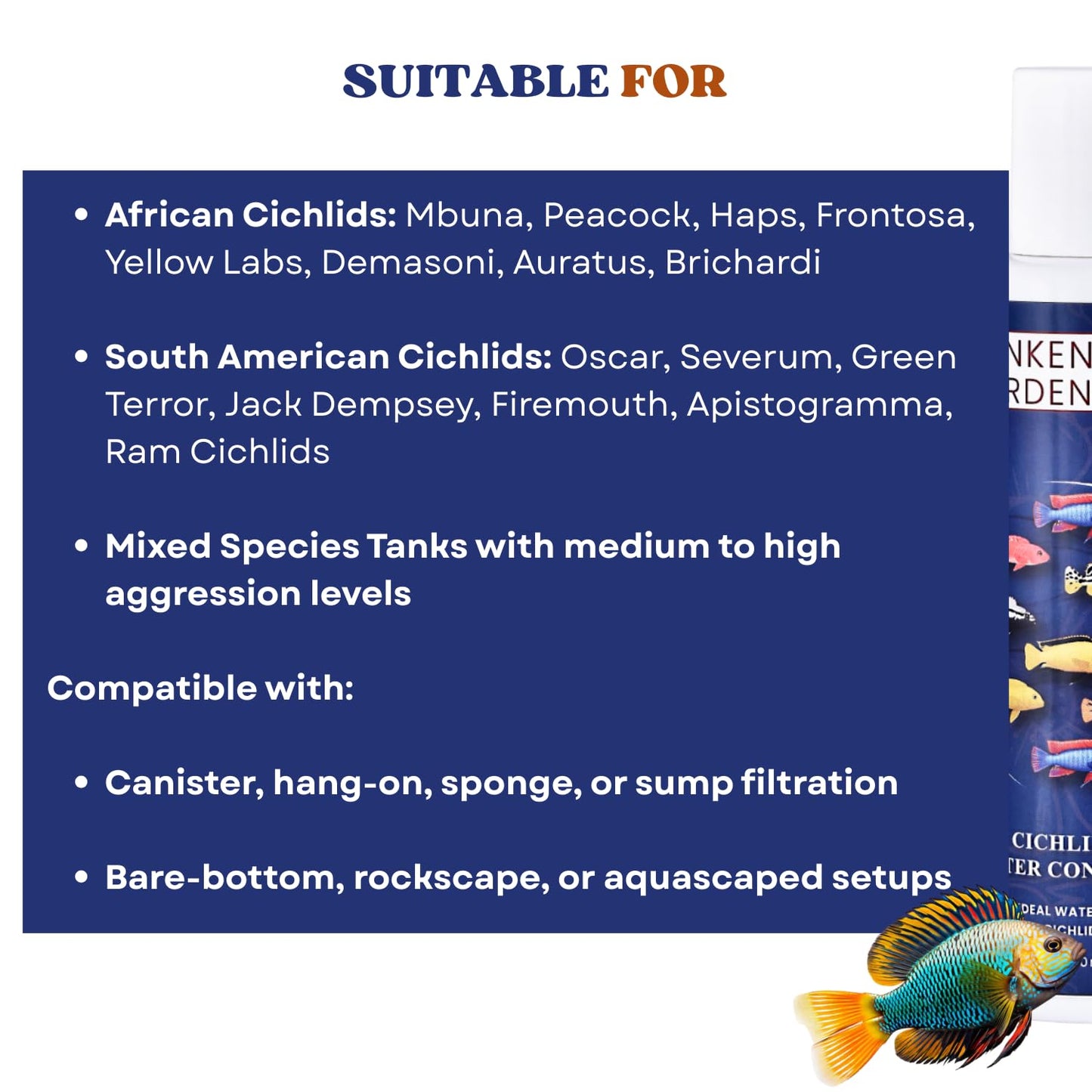 Sunken Garden Cichlid Fish Water Conditioner | Color, Clarity & Control for Your Cichlid Tank | Balanced Water Care for African, South American & Mixed Cichlid Fishes (100 ml)