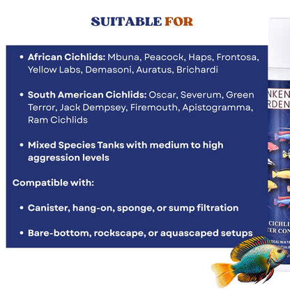 Sunken Garden Cichlid Fish Water Conditioner | Color, Clarity & Control for Your Cichlid Tank | Balanced Water Care for African, South American & Mixed Cichlid Fishes (200 ml + 30 ml)