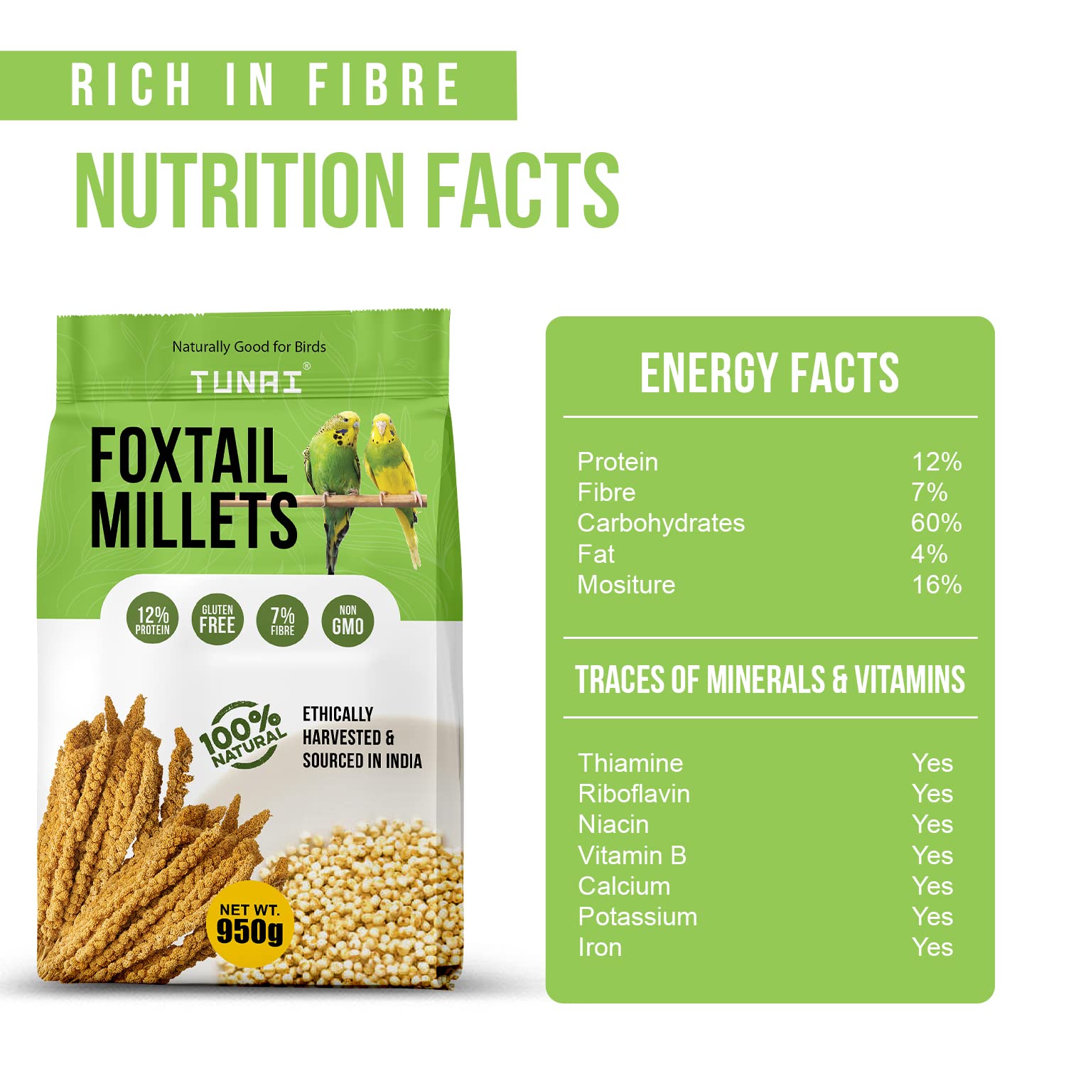 Tunai Foxtail Kangini Millets|950g|Superior Bird Feed For High Protein, Regulating Digestion, Absorption Of Minerals, High Fiber Millets Perfect Bird Food For lovebirds, canaries, cockatiels and Finches