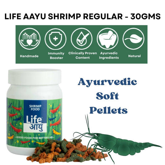 Life AAYU Shrimp Regular Food | Ayurvedic Soft Pellets | Boosts Breeding, Molting & Immunity | (30 GMS, Regular)