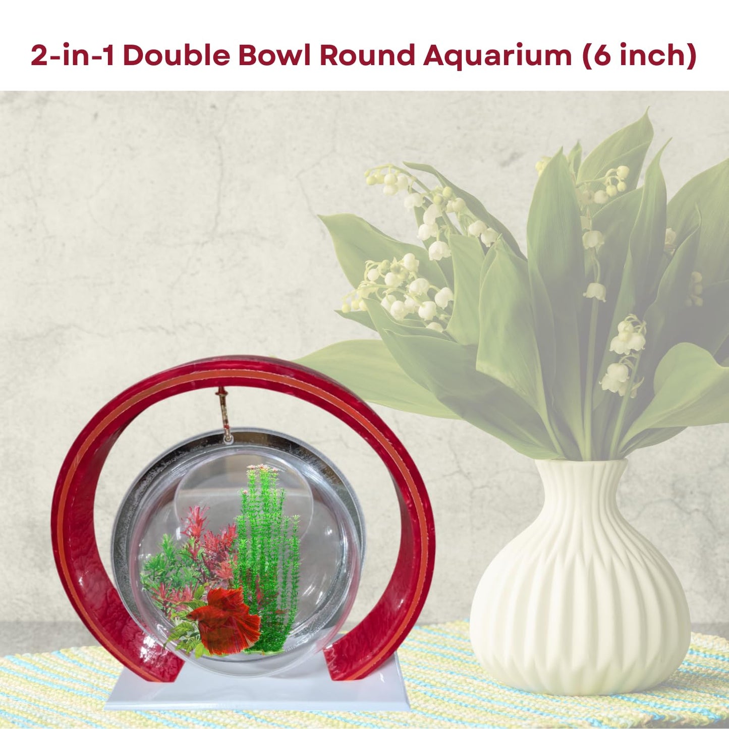 Double Bowl 6-inch Red Round Fish Bowl – Standing & Hanging Decorative Aquarium for Home & Office | 2-in-1 Double Bowl Round Fish Tank
