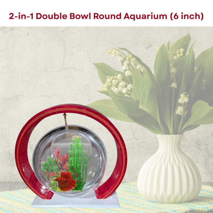 Double Bowl 6-inch Red Round Fish Bowl – Standing & Hanging Decorative Aquarium for Home & Office | 2-in-1 Double Bowl Round Fish Tank