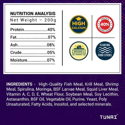Tunai Arowana Fish Food Sticks |200g| for Adult Arowana, 40% Protein with The Benefits of Moringa, BSF Larvae, Squid Liver and Shrimp, Boost Growth and Vibrant Colors