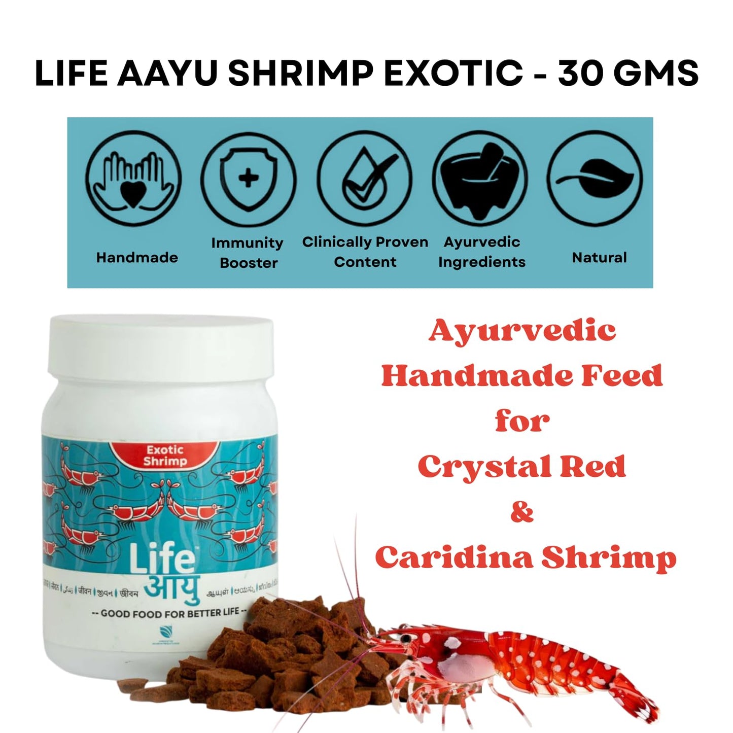 Life AAYU Shrimp Exotic Food | Ayurvedic Handmade Feed for Crystal Red & Caridina Shrimp | Boosts Breeding, Molting & Immunity | (30 GMS, Exotic)