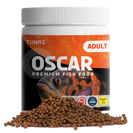 TUNAI All Life Stages Supreme Formula Oscar Fish Food Fortified with 40% Protein and Vitamins, Essential for Color Enhancement, Growth for Medium and Large Sized Oscar Fishes, 4Mm Pellet Size, 100G