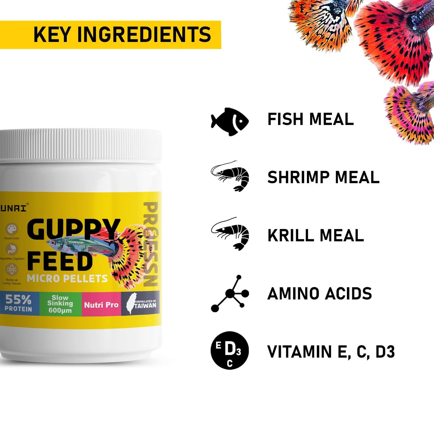 Tunai Guppy Fish Food with 55% Protein| 40g |600 Microns - Floating Micro Pellets| Guaranteed Tail Color Enhancement for Guppies, Taiwan Formula