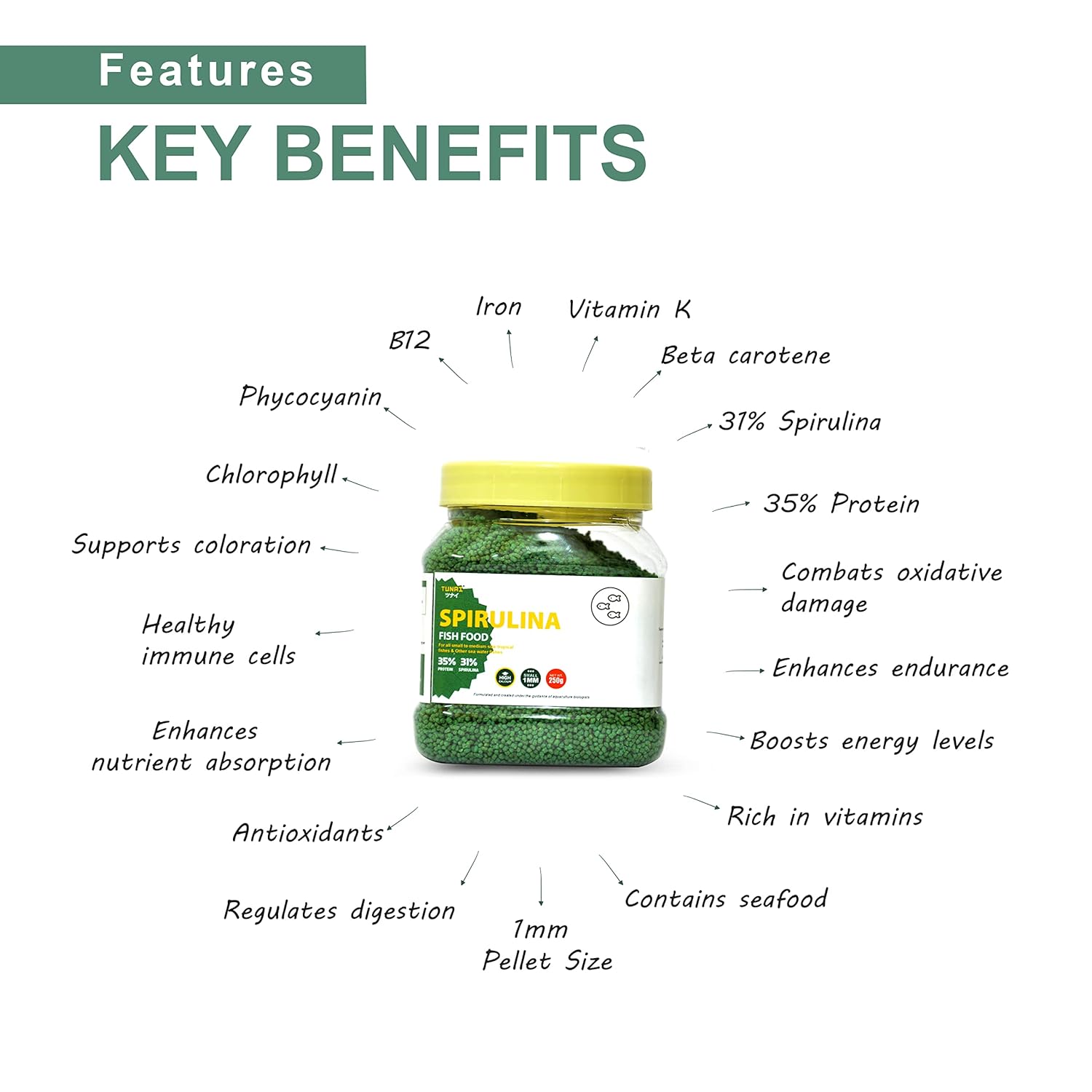 TUNAI 31% Spirulina Optimum Choice Fish Food |250G| Fish Feed for All Medium & Adult Tropical Fish |1Mm Pellets|, Better Color & Growth, 1 Count