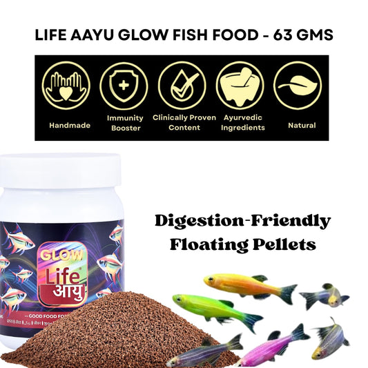 Life AAYU Glow Fish Food | Natural Color Enhancer with Spirulina, Paprika & Beta Carotene | Floating Pellets | (63 GMS)