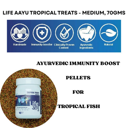 Life AAYU Tropical Treats Fish Food | Ayurvedic Immunity Boost with Spirulina, Moringa, Garlic & Color Enhancers | for All Tropical Fishes | (Medium, 70gms)
