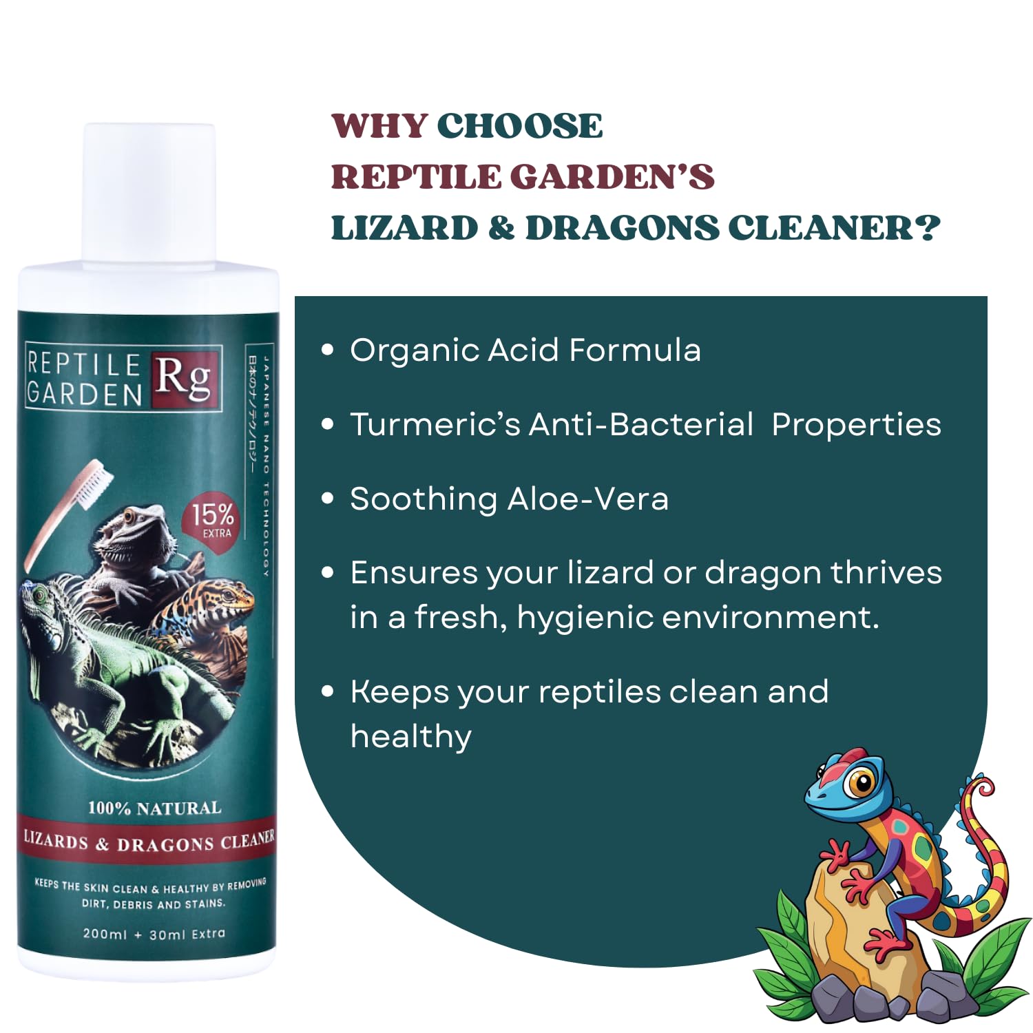 Reptile Garden Lizard & Dragon Cleaner | Removes Stubborn Debris, Algae, and Stains from Your Reptile's Body (200 ml + 30 ml)