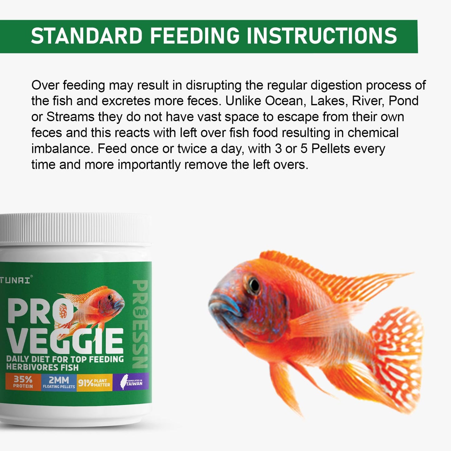 Tunai Pro Veg Fish Food for Adult Cichlids |100g| 2MM - Pellets, 91% Plant Matter| Suitable for All Top Feeding Herbivores Fish Food