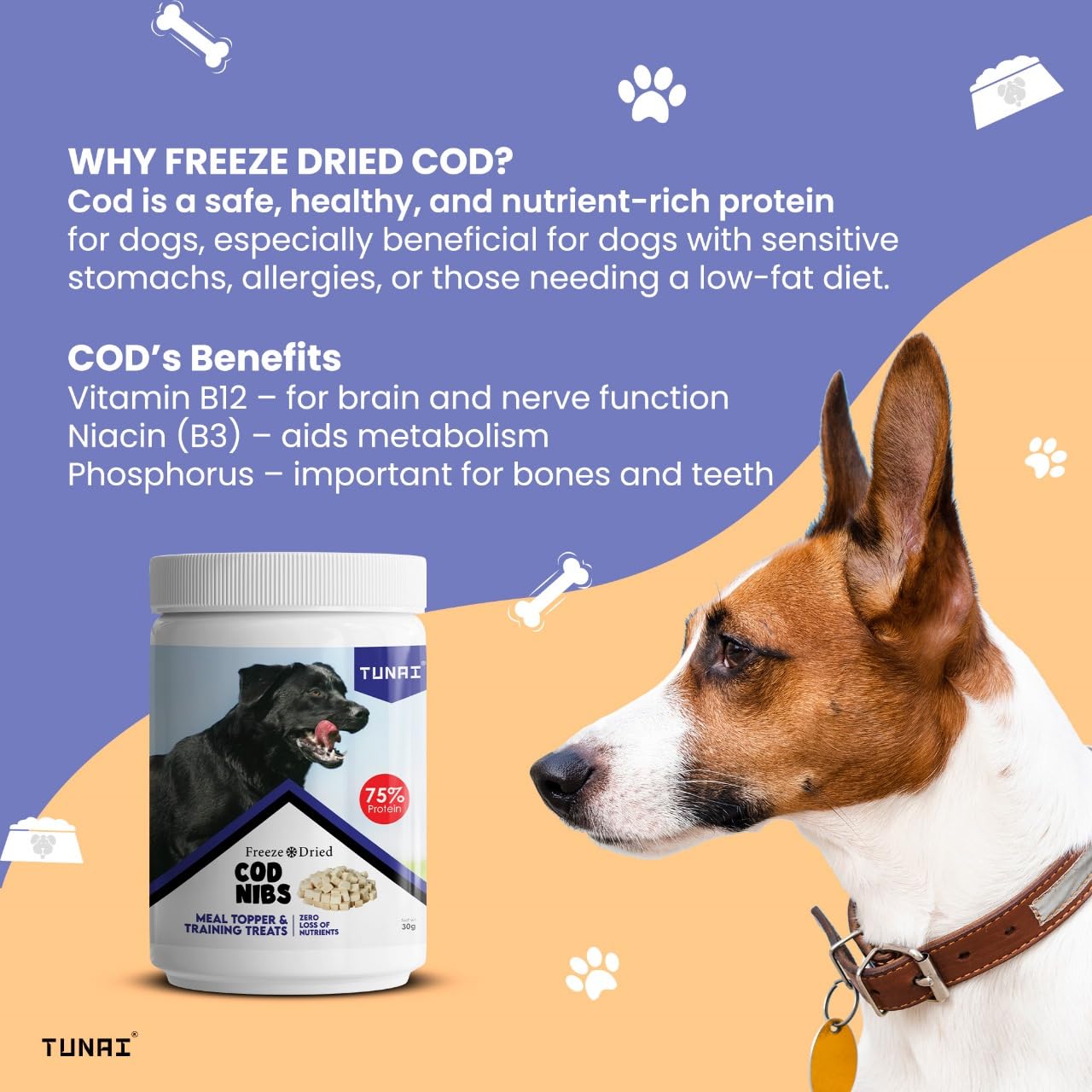 Tunai Premium Freeze Dried Treats for Adult Dogs & Weaning Puppies, 20g (Mini, Cod Nibs)