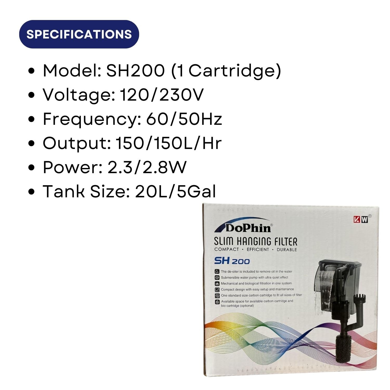 Dophin SH200 Slim Hanging Filter for Aquarium Fish Tank | Mechanical and Biological Filtration | Output: 150/150L/H | Suitable for Tank Size 20L | (Original from Tunai Store)