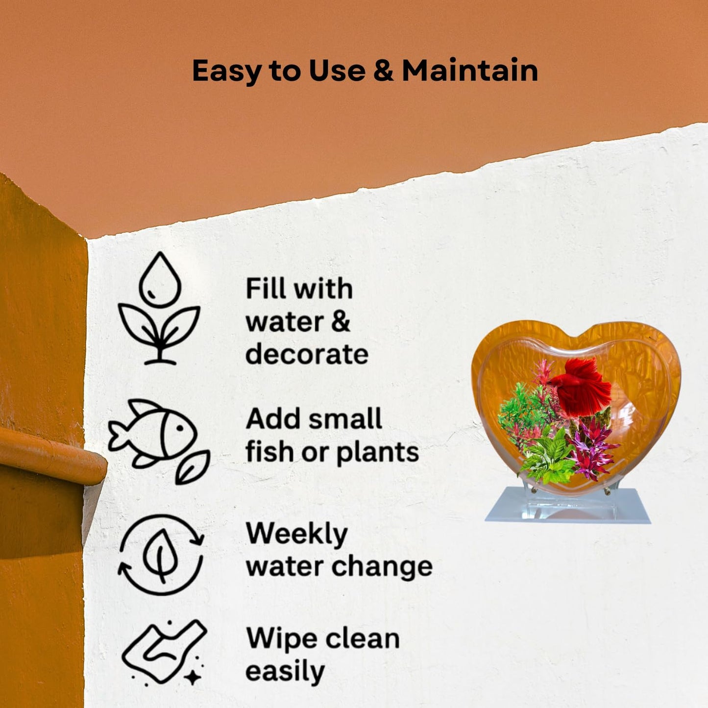 Wall Mount 9-inch Yellow Heart Shape Fish Bowl – with Stand | Modern Aquarium for Home, Office & Café Décor | Space Saving Design | Elegant Fish Tank & Plant Terrarium | Compact Design
