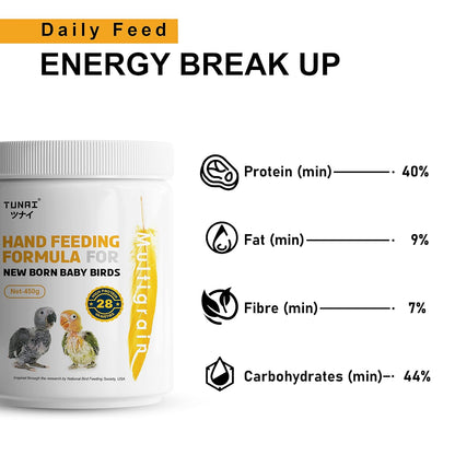 TUNAI Multi Grain Hand Feeding Formula Powder for Baby Birds | 450G | Essential for Love Birds, Conures, Parrots, & Cockatiel