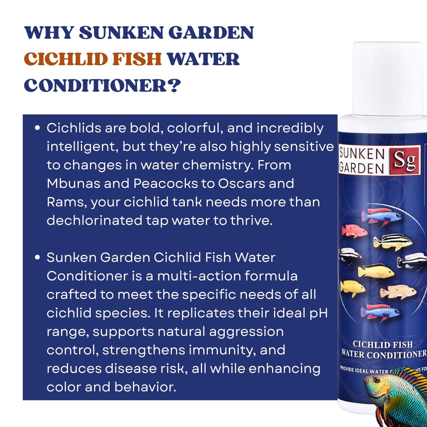 Sunken Garden Cichlid Fish Water Conditioner | Color, Clarity & Control for Your Cichlid Tank | Balanced Water Care for African, South American & Mixed Cichlid Fishes (100 ml)