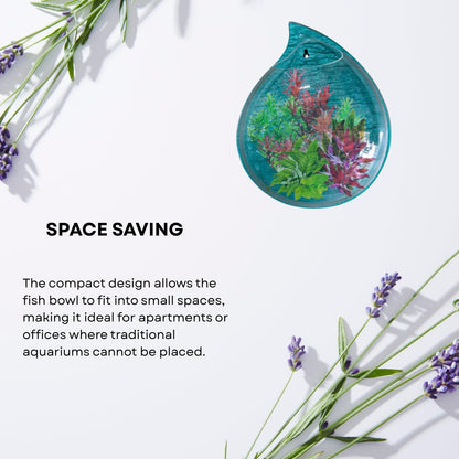 Wall Mount 12-inch Blue Drop Shape Fish Bowl – Decorative Hanging Aquarium (Without Stand) | Space Saving Design | Compact Aquarium for Betta, Guppies & Plants