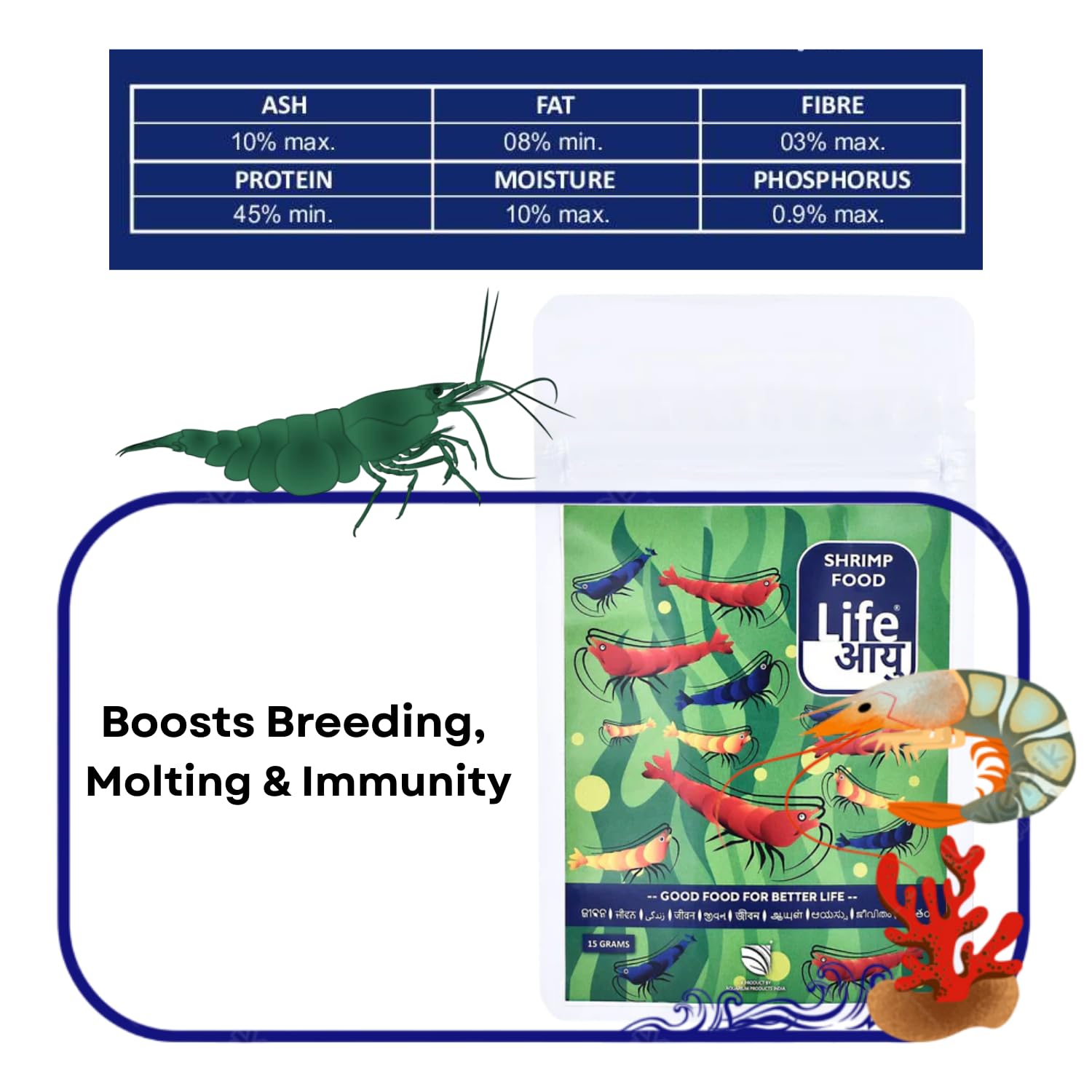 Life AAYU Shrimp Regular Food | Ayurvedic Soft Pellets | Boosts Breeding, Molting & Immunity | (15 GMS, Regular)