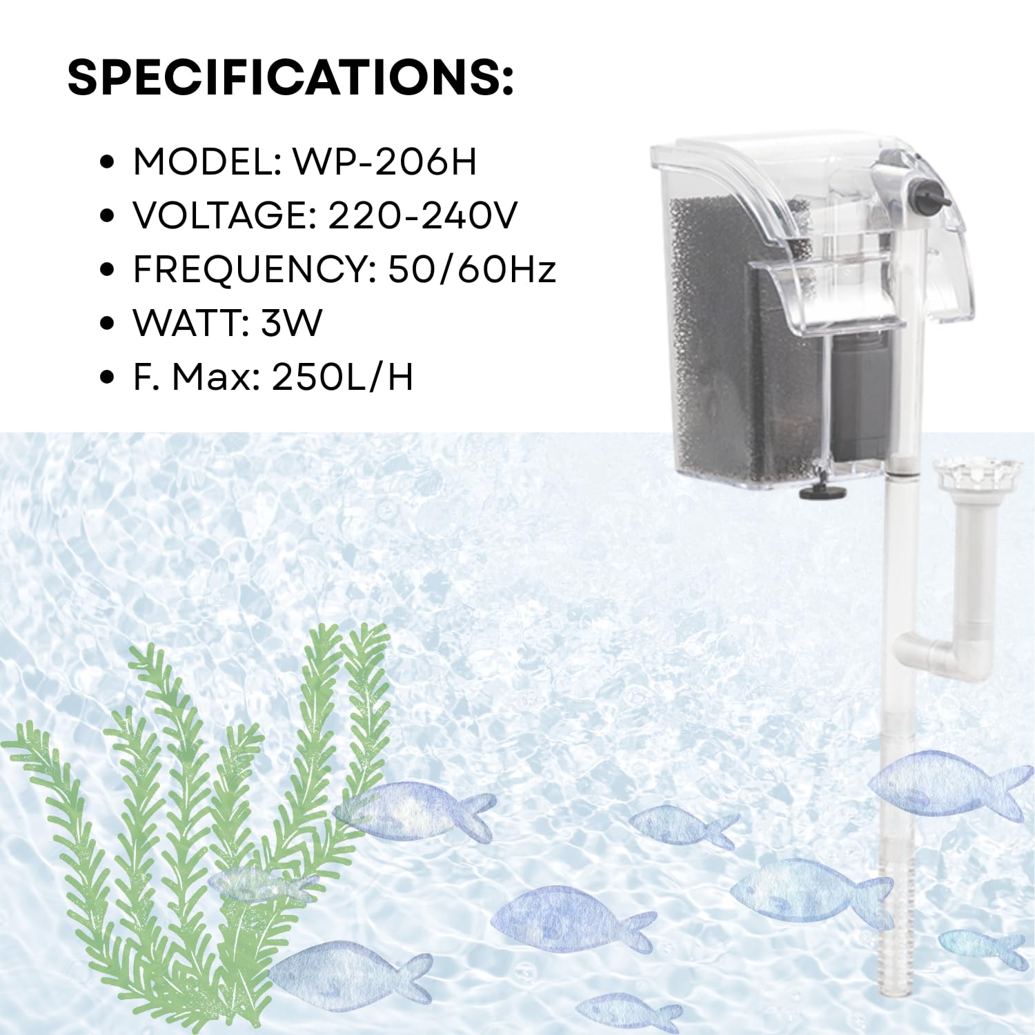 TUNAI S0B0 WP-206H Hanging Filter For Aquarium Fish Tank | Mechanical, Chemical And Biological Filtration| For Freshwater And Marine Water Tank | Power: 3W | F.Max: 250L/H | Original from Store
