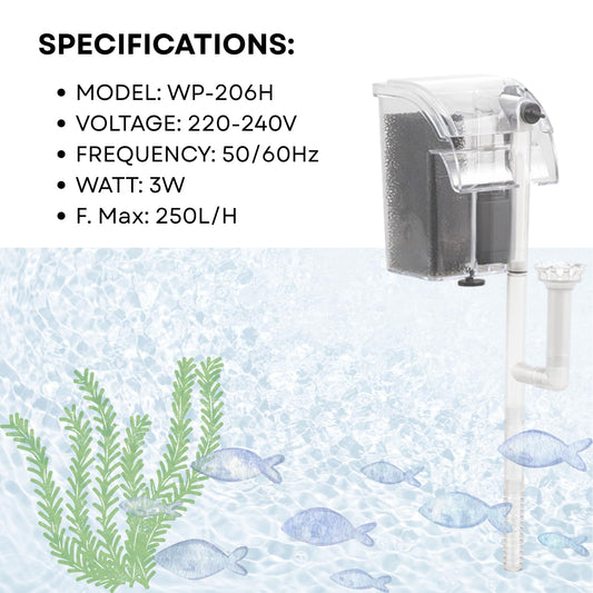 TUNAI S0B0 WP-206H Hanging Filter For Aquarium Fish Tank | Mechanical, Chemical And Biological Filtration| For Freshwater And Marine Water Tank | Power: 3W | F.Max: 250L/H | Original from Store