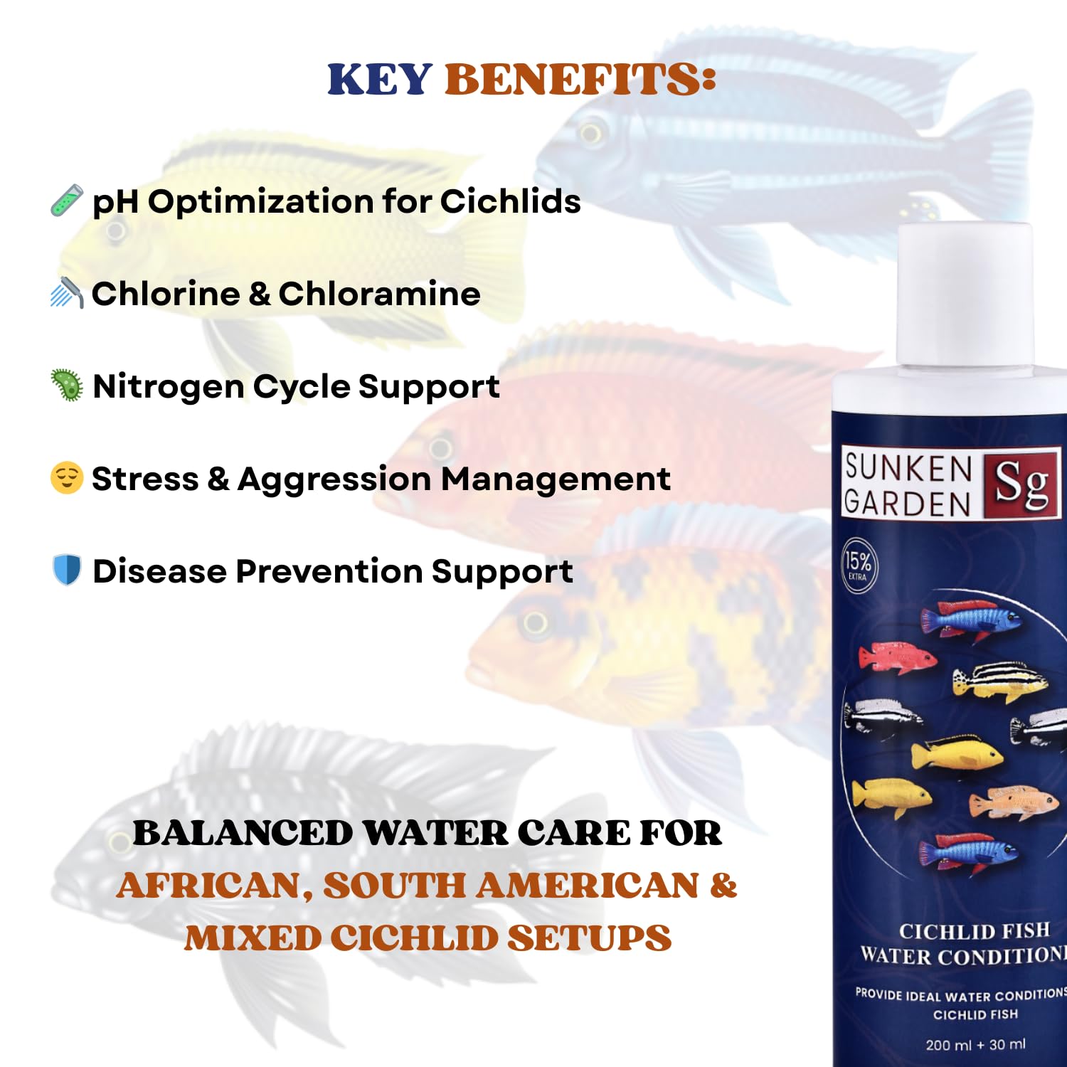 Sunken Garden Cichlid Fish Water Conditioner | Color, Clarity & Control for Your Cichlid Tank | Balanced Water Care for African, South American & Mixed Cichlid Fishes (200 ml + 30 ml)