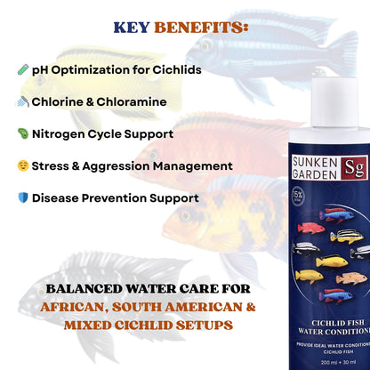 Sunken Garden Cichlid Fish Water Conditioner | Color, Clarity & Control for Your Cichlid Tank | Balanced Water Care for African, South American & Mixed Cichlid Fishes (200 ml + 30 ml)