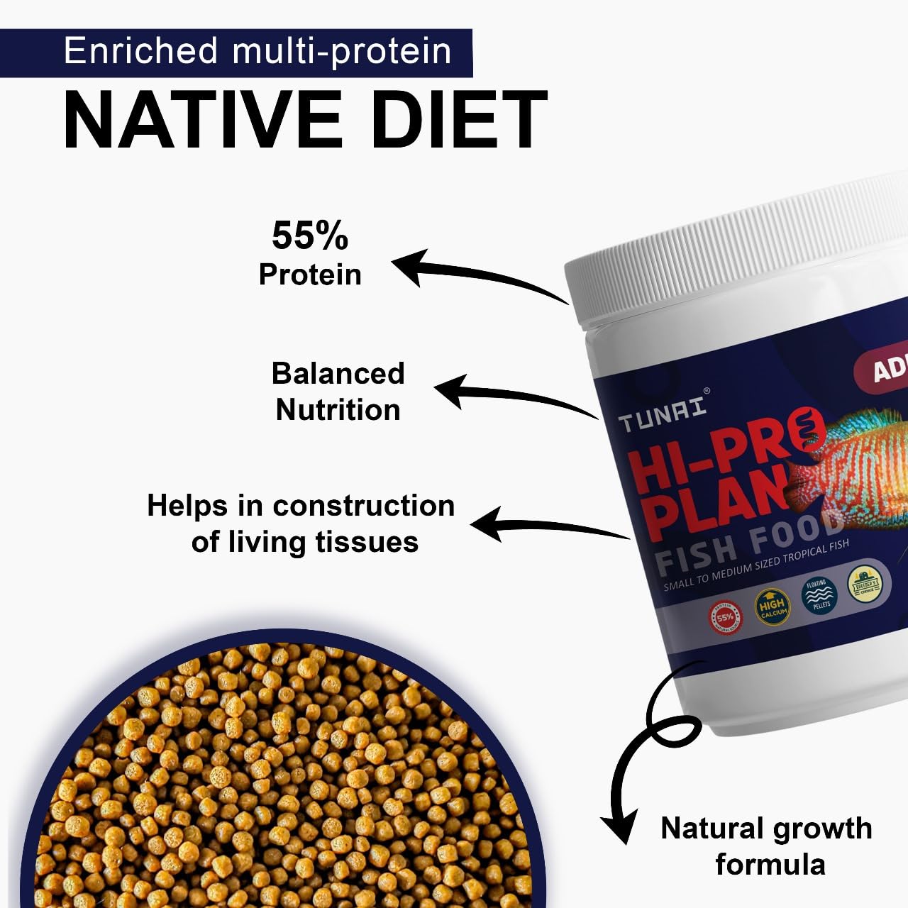 Tunai HI-PRO Plan Optimum Fish Food with 55% Protein | 450g | 1MM Pellets for Small and Medium Sized Gold Fish, Angel Fish, Betta, Tetras, Gourami & Other Tropical Fishes