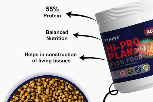 Tunai HI-PRO Plan Optimum Fish Food with 55% Protein | 450g | 1MM Pellets for Small and Medium Sized Gold Fish, Angel Fish, Betta, Tetras, Gourami & Other Tropical Fishes