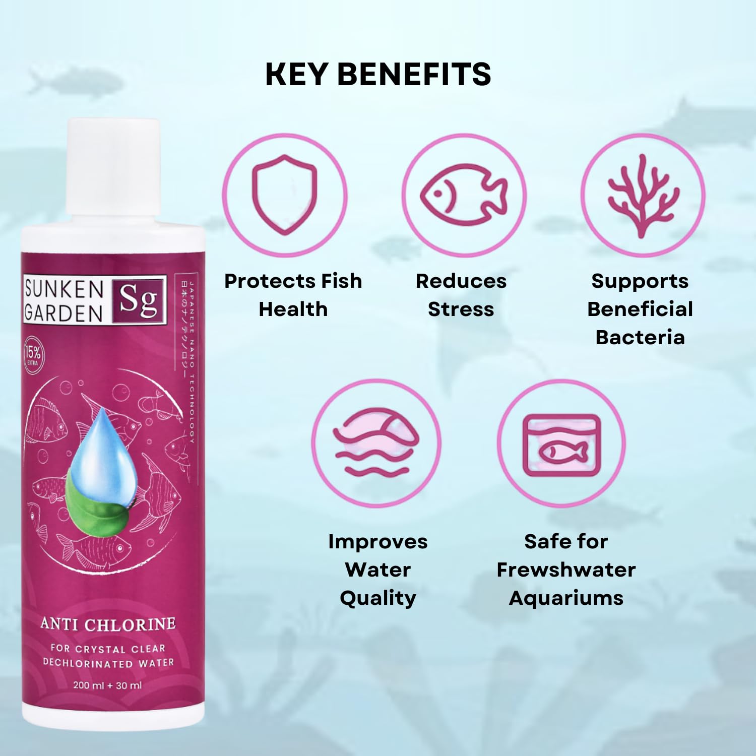 Sunken Garden Anti Chlorine | Dechlorinator + 15-Strain Beneficial Bacteria | Water Conditioner for Freshwater Aquariums (200 ml + 30 ml)