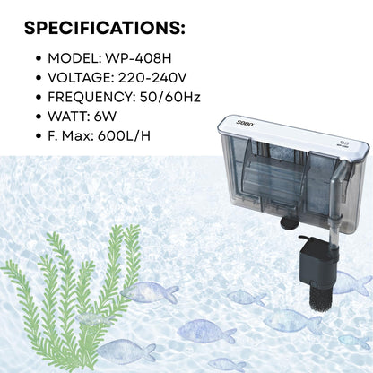TUNAI S0B0 WP-408H Slim Hanging Filter for Aquarium Fish Tank | Mechanical, Chemical & Biological Filtration | for Marine and Fresh Water Tank | Power: 6W | F.Max: 600L/H