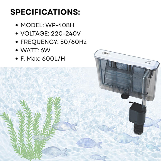 TUNAI S0B0 WP-408H Slim Hanging Filter for Aquarium Fish Tank | Mechanical, Chemical & Biological Filtration | for Marine and Fresh Water Tank | Power: 6W | F.Max: 600L/H