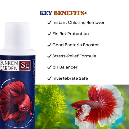 Sunken Garden Betta Fish Water Conditioner | Chlorine Neutralizer + Fin Rot Protection + pH Balancer | Made for Indian Aquariums (100 ml)