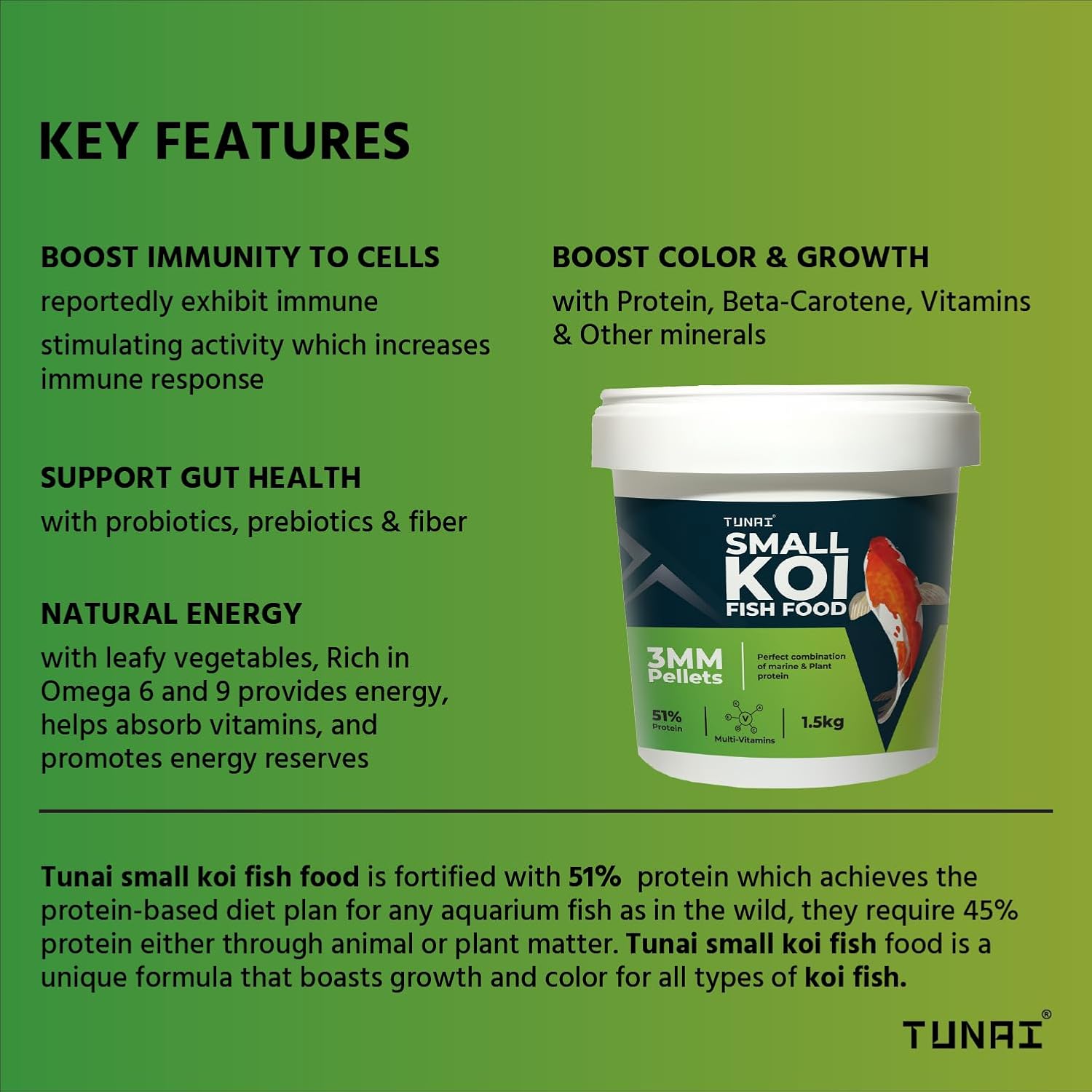 TUNAI Small Koi Fish Food | 3MM Pellets | Enriched with 51% Protein |Suitable for All Medium Sized Pond Fish, 1.5KG (3MM, 1.5Kg)