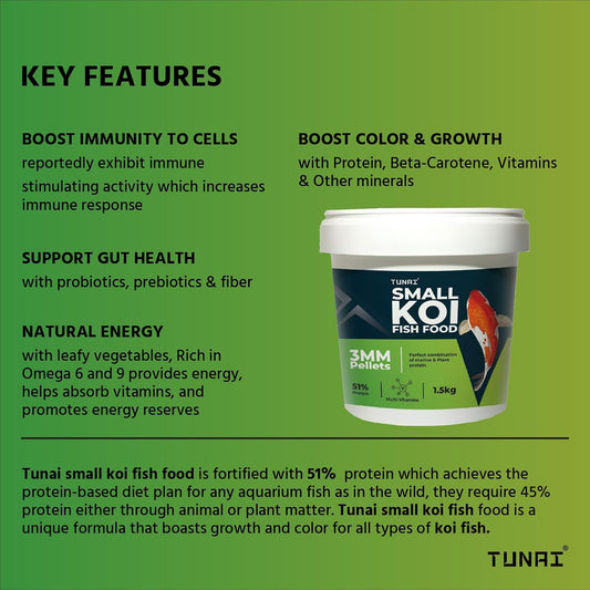 TUNAI Small Koi Fish Food | 3MM Pellets | Enriched with 51% Protein |Suitable for All Medium Sized Pond Fish, 1.5KG (3MM, 1.5Kg)