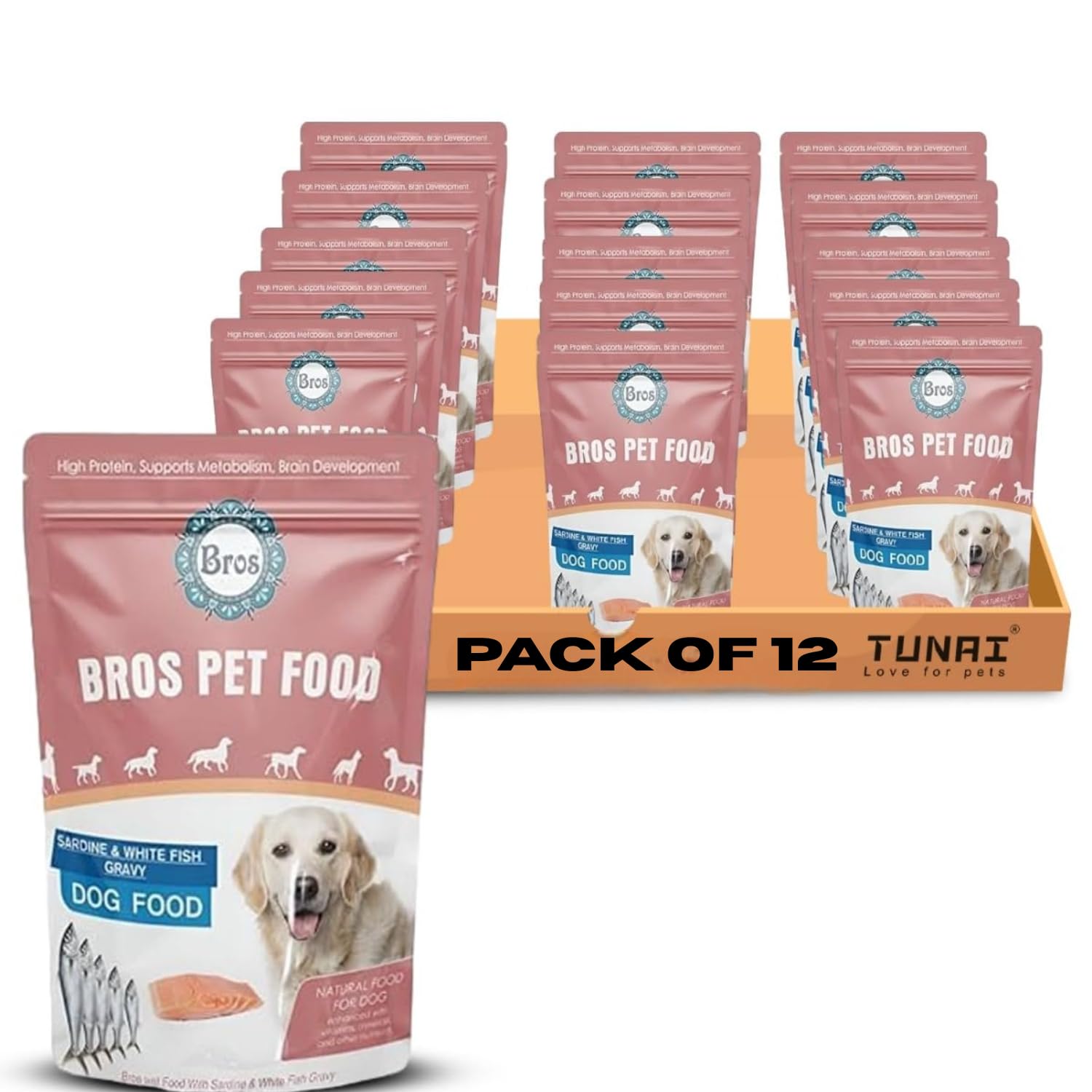 SF+ Bros Pet Dog Food | Pack of 12 | Natural Food for Dogs | Enhanced with Vitamins, Minerals and Other Nutrients (80gms, Sardines and White Fish)
