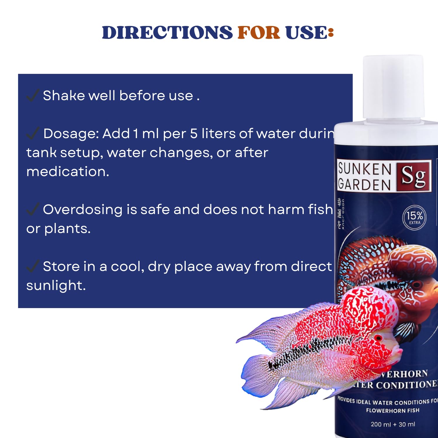 Sunken Garden Flowerhorn Fish Water Conditioner | Premium Water Conditioner for Healthy, Vibrant Flowerhorns | Ensures Vibrant Coloration and Stronger Immunity (200 ml + 30 ml)