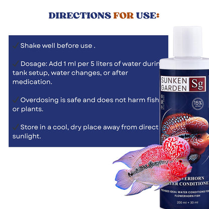 Sunken Garden Flowerhorn Fish Water Conditioner | Premium Water Conditioner for Healthy, Vibrant Flowerhorns | Ensures Vibrant Coloration and Stronger Immunity (200 ml + 30 ml)