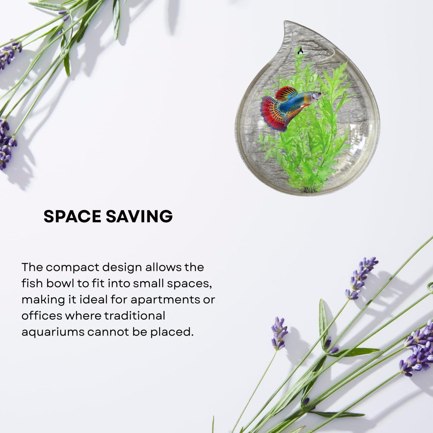 Wall Mount 12-inch White Drop Shape Fish Bowl – Decorative Hanging Aquarium (Without Stand) | Space Saving Design | Compact Aquarium for Betta, Guppies & Plants